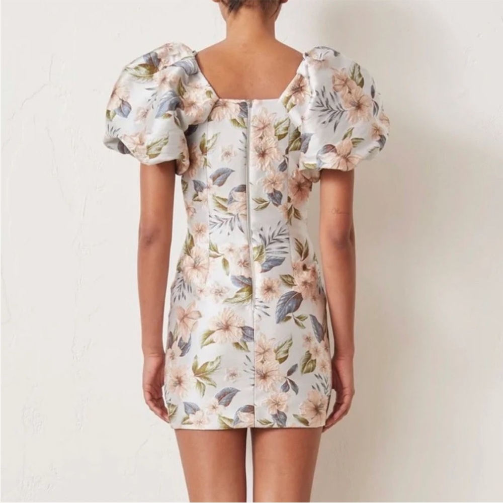 BEC + BRIDGE Blue & Pink Textured Floral Jacquard Plunging V Poofy Sleeve Dress - Picture 3 of 16